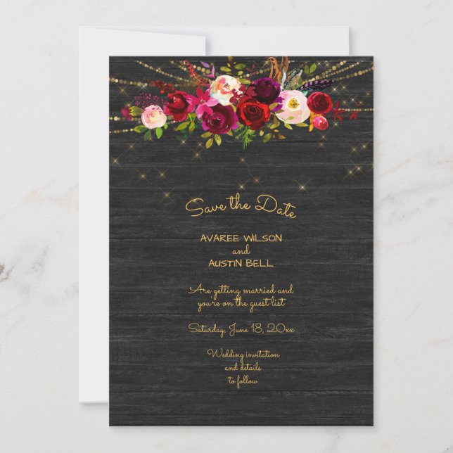 Black Barnboard String Lights Burgundy Roses Save The Date (Front)