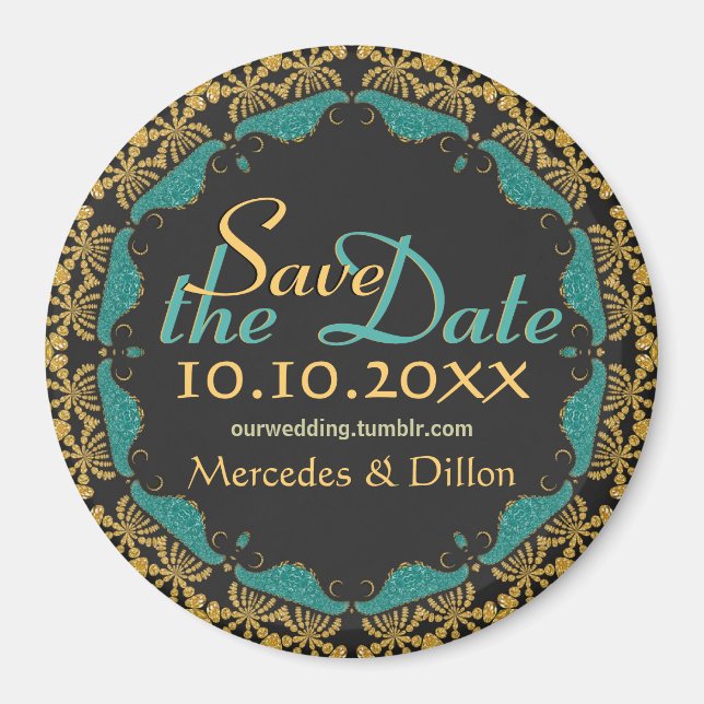 Black Baroque Gold teal Lace Save the Date Magnet (Front)