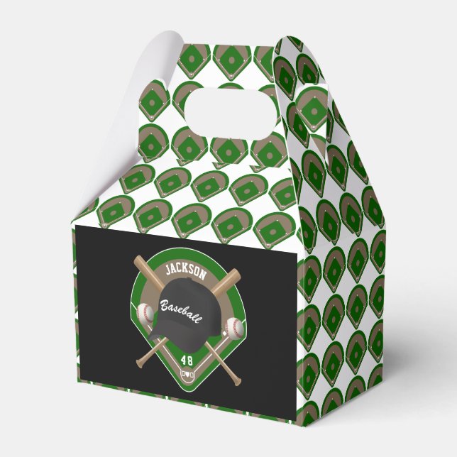 Black Baseball Diamond Player Name and Number Favour Box (Front Side)
