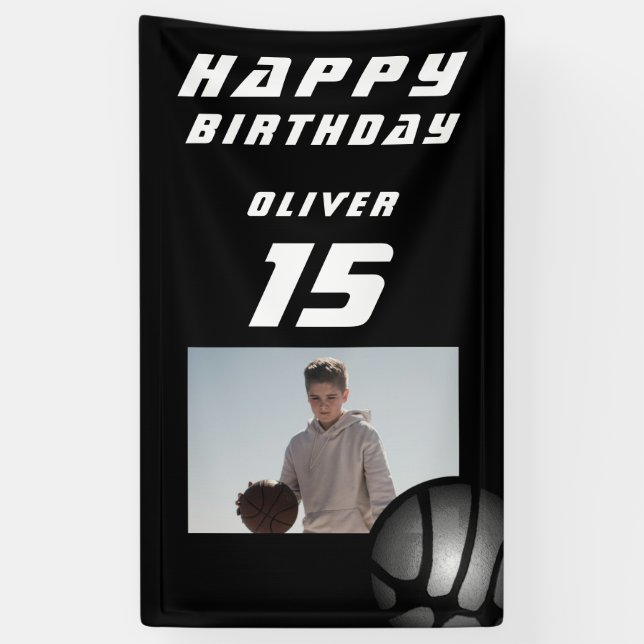 Black Basketball Ball Boy Photo Happy Birthday Banner (Vertical)