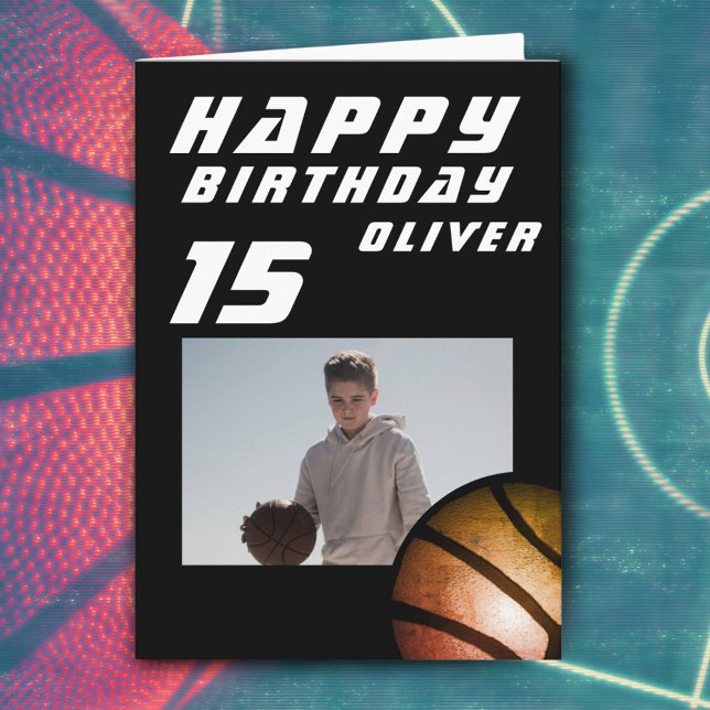 Black Basketball Ball Boy Photo Happy Birthday  Card (Creator Uploaded)