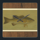 Black Bass on a Green Background Square Wall Clock<br><div class="desc">This piece of arwork will please any fish amateur. The painting represents a black bass swimming into green water. In this image,  the brown borders makes it the perfect decorative art piece.</div>