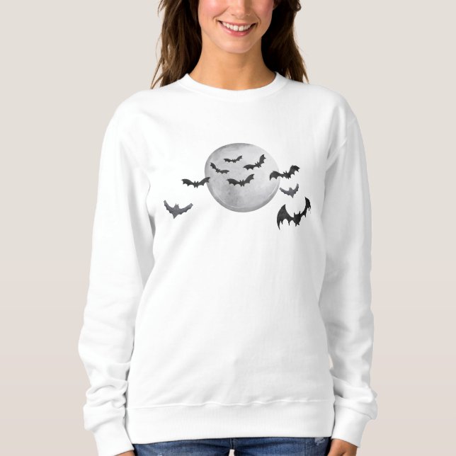 Black Bat and Moon Black and White Halloween  Sweatshirt (Front)