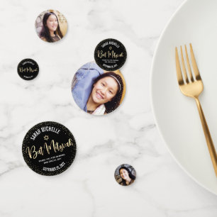 Black Bat Mitzvah 3 Photo Gold Foil Glitter Script Confetti