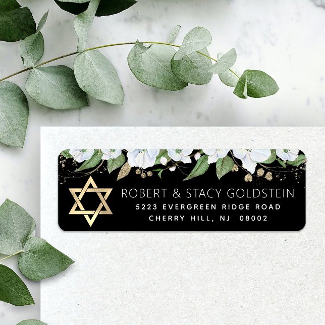 Black Bat Mitzvah Chic Gold Floral Return Address (Creator Uploaded)