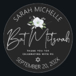 Black Bat Mitzvah Silver Script Floral Watercolor Classic Round Sticker<br><div class="desc">Be proud, rejoice and celebrate this milestone of your favourite Bat Mitzvah whenever you use this sophisticated, personalised sticker! A chic, stunning, white and faux silver glitter floral watercolor, faux silver foil handwritten script and Star of David, as well as white sans serif typography overlay a dramatic black background. Personalise...</div>