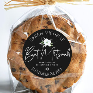 Black Bat Mitzvah Silver Script Floral Watercolor Classic Round Sticker