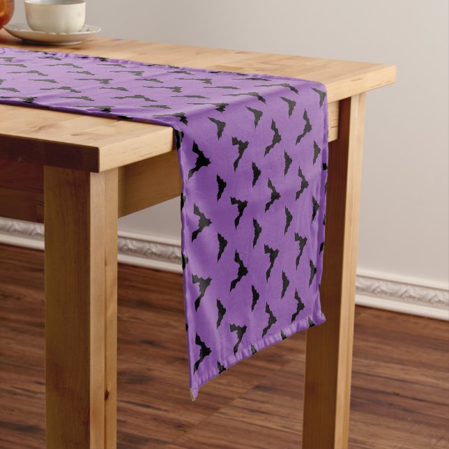 black bats halloween purple short table runner (In Situ)