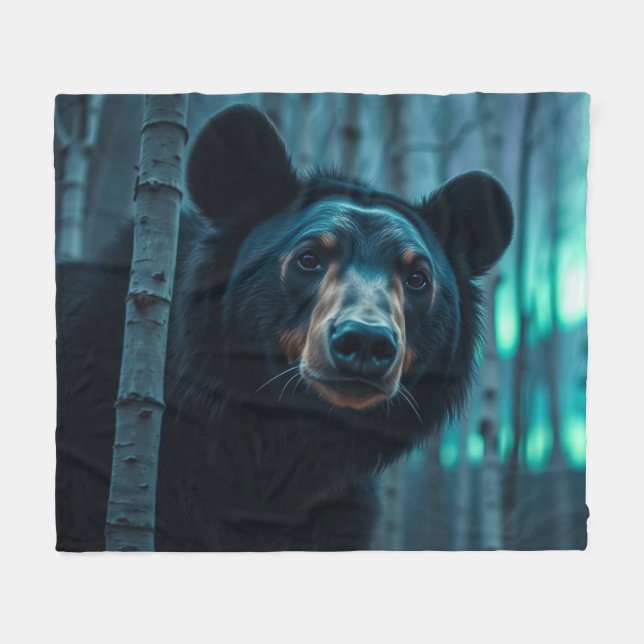 Black Bear and Aurora Art  Fleece Blanket (Front (Horizontal))