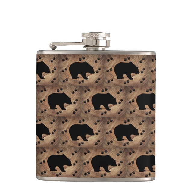 Black Bear And Bear Paws Hip Flask (Front)