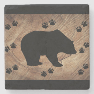 Black Bear And Bear Paws Stone Coaster