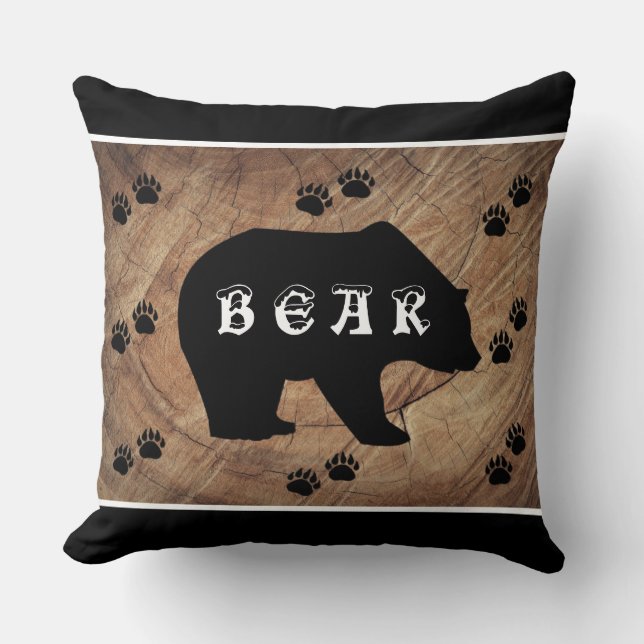 Black Bear And Bear Paws Throw Pillow (Front)