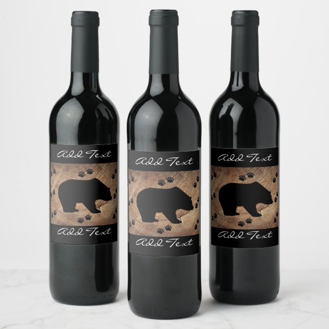 Black Bear And Bear Paws Wine Label (Bottles)