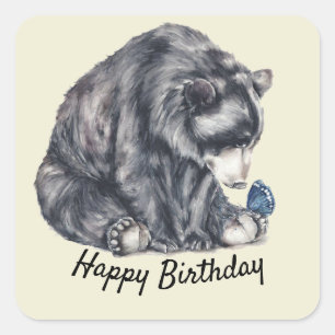 Black Bear and Butterfly Happy Birthday Square Sticker