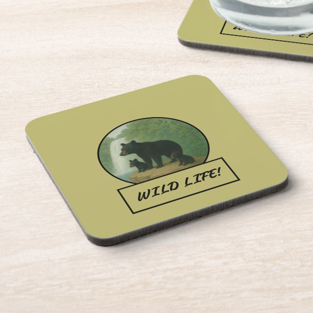 Black Bear and Cubs Dark Khaki Coaster Set (Left Side)