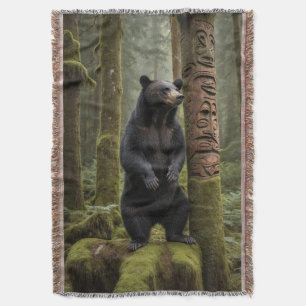 Black Bear and Totem Pole Wildlife Art Throw Blanket