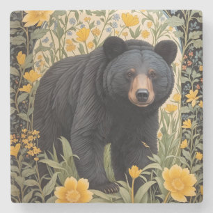 Black Bear And Yellow Buttercup Flowers Stone Coaster