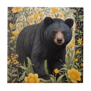 Black Bear And Yellow Buttercup Flowers Tile