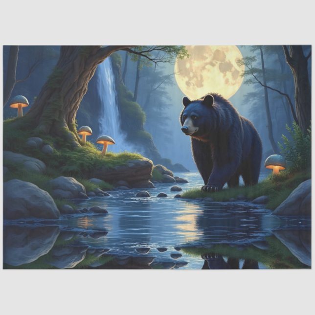 Black Bear at the stream under moonlight Tissue Paper (Front)