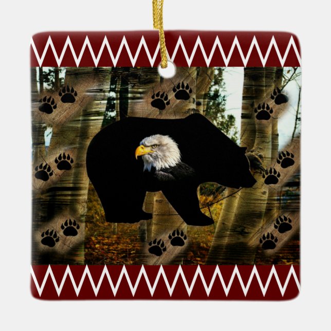 Black Bear Bald Eagle Bear Paw Prints Wilderness Ceramic Ornament (Front)