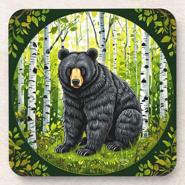 🐻 Black Bear Birch Forest Coaster Rustic Gift 🍃 (Front)