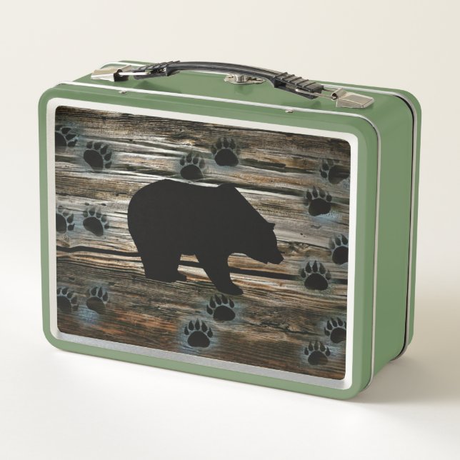 Black Bear Black Bear Paws Rustic Wood Metal Lunch Box (Back)