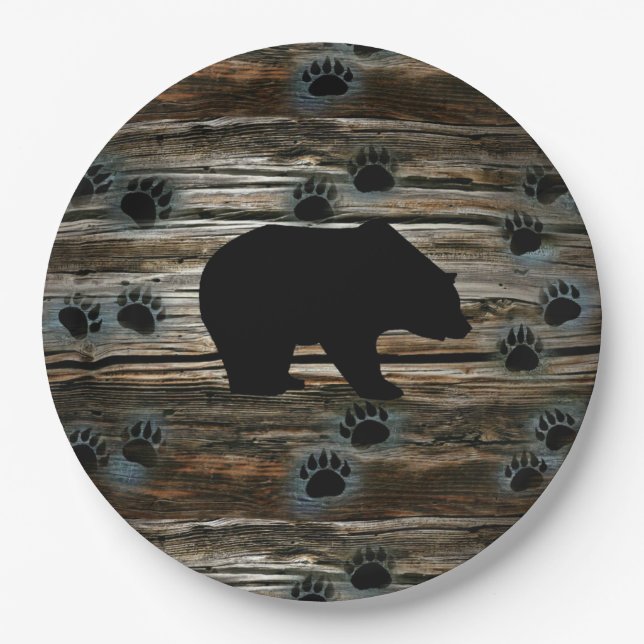 Black Bear Black Bear Paws Rustic Wood Paper Plate (Front)
