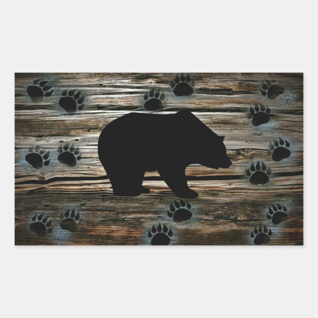 Black Bear Black Bear Paws Rustic Wood Rectangular Sticker (Front)