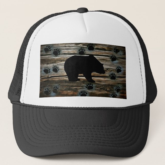 Black Bear Black Bear Paws Rustic Wood Trucker Hat (Front)
