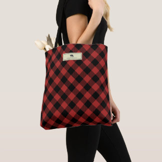 Black Bear Buffalo Plaid Personalised Tote Bag