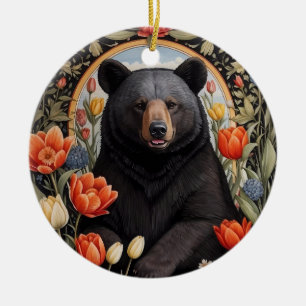 Black Bear Colorful Tulip Flowers Ceramic Tree Decoration