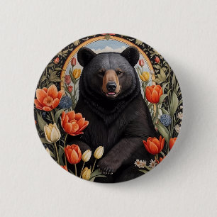 Black Bear Colourful Tulip Flowers 6 Cm Round Badge