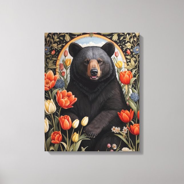 Black Bear Colourful Tulip Flowers Canvas Print (Front)