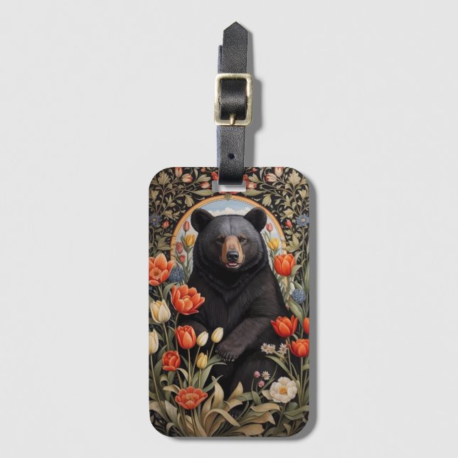 Black Bear Colourful Tulip Flowers Luggage Tag (Front Vertical)