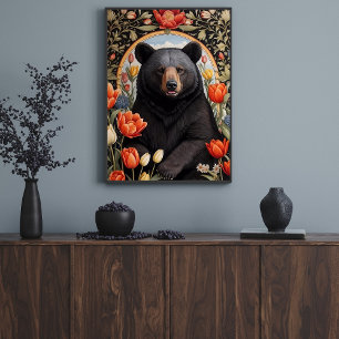 Black Bear Colourful Tulip Flowers Poster