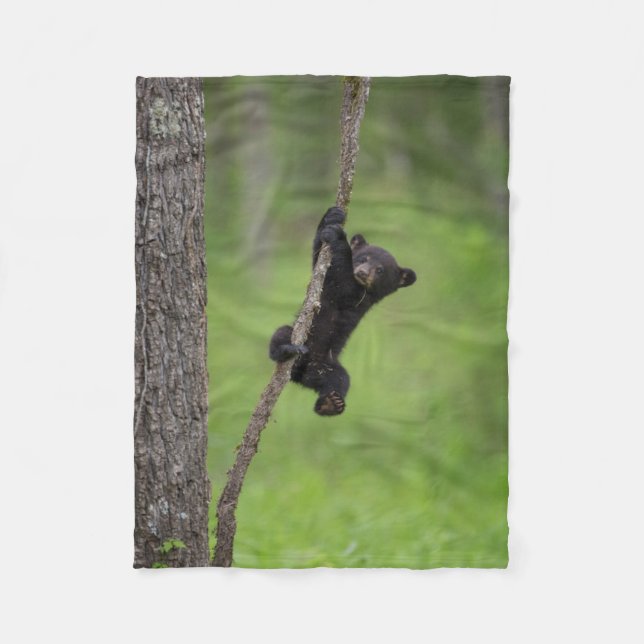 Black Bear Cub playing on Tree Limb Fleece Blanket (Front)