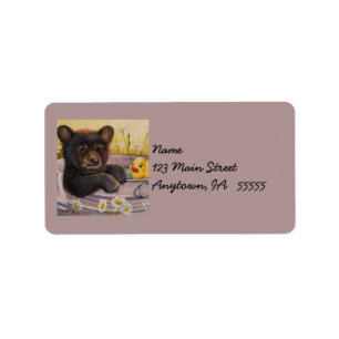 Black Bear Cub Washtub Bath Duck Watercolor Art Label