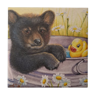 Black Bear Cub Washtub Bath Duck Watercolor Art Tile