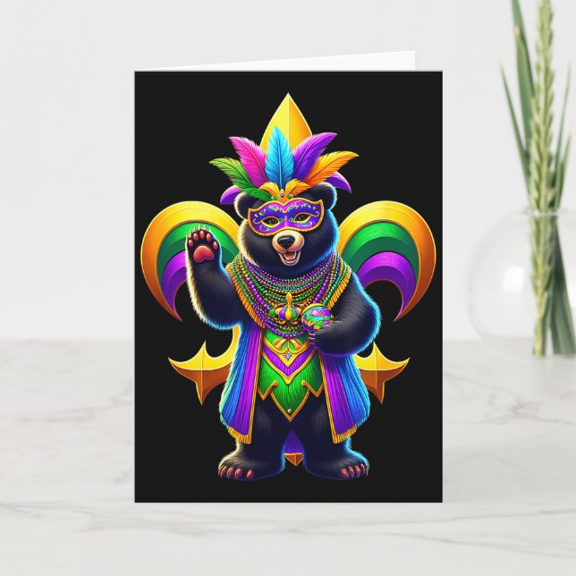 Black Bear Cute Mardi Gras  Card (Front)