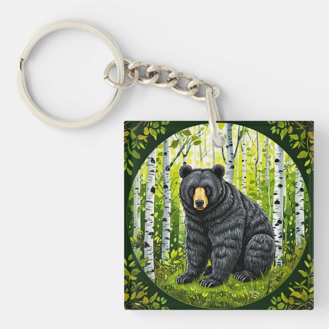 Black Bear in a Birch Forest Key Ring (Front)