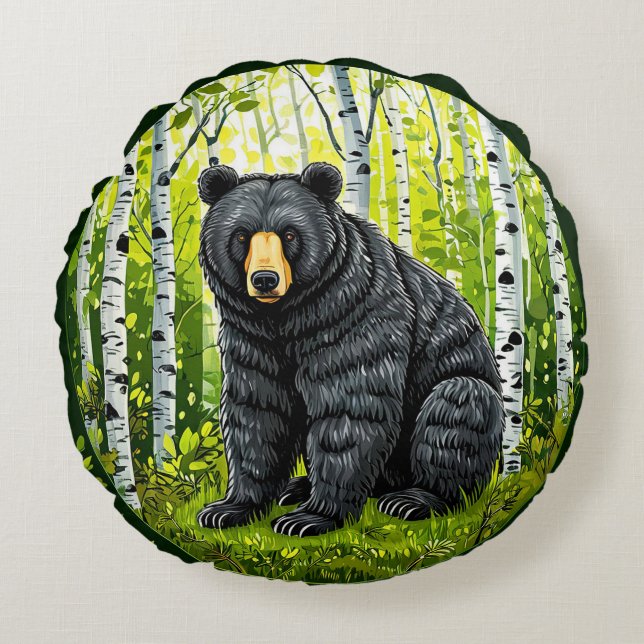Black Bear in a Birch Forest Round Cushion (Front)