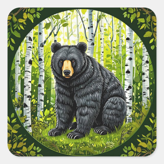 Black Bear in a Birch Forest Square Sticker (Front)