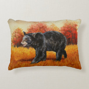 Black Bear in Autumn Forest Decorative Cushion