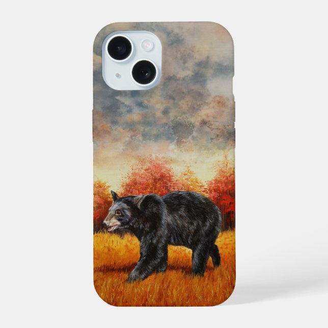 Black Bear in Autumn Forest iPhone 15 Case (Back)