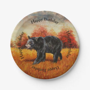 Black Bear in Autumn Forest Paper Plate