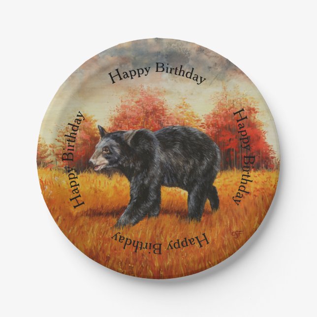 Black Bear in Autumn Forest Paper Plate (Front)