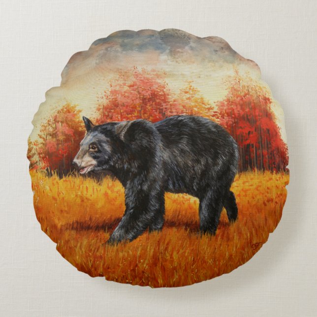 Black Bear in Autumn Forest Round Cushion (Front)