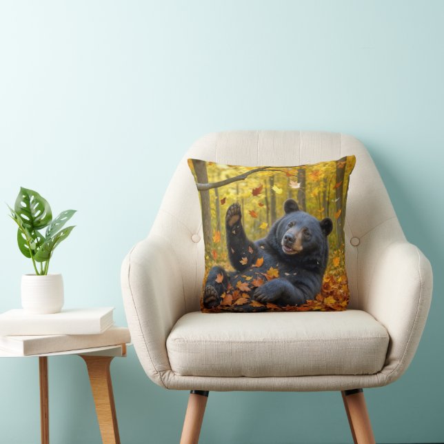 Black Bear In Autumn Leaves Cushion (Chair)
