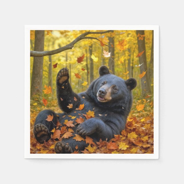 Black Bear In Autumn Leaves Napkin (Front)