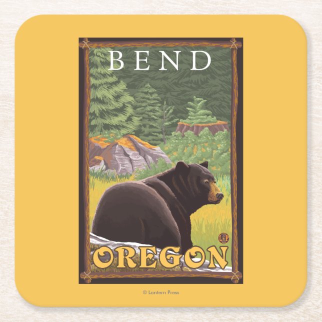 Black Bear in Forest - Bend, Oregon Square Paper Coaster (Front)